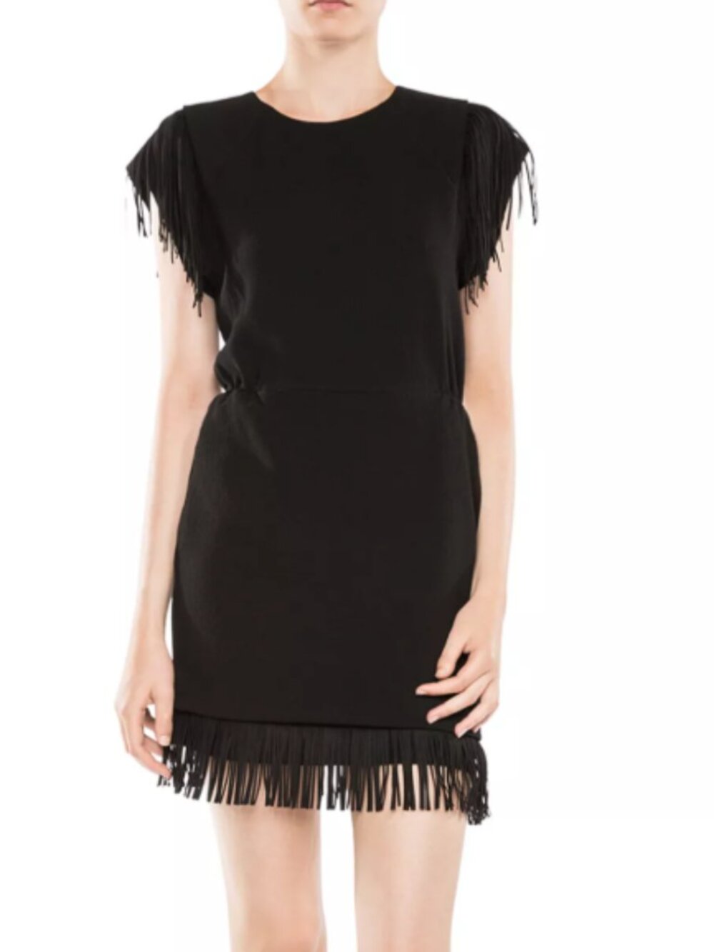 Maje Renata Black Fringe Crepe Mini Dress Cap Sleeve Elastic Waist Size 1 Small